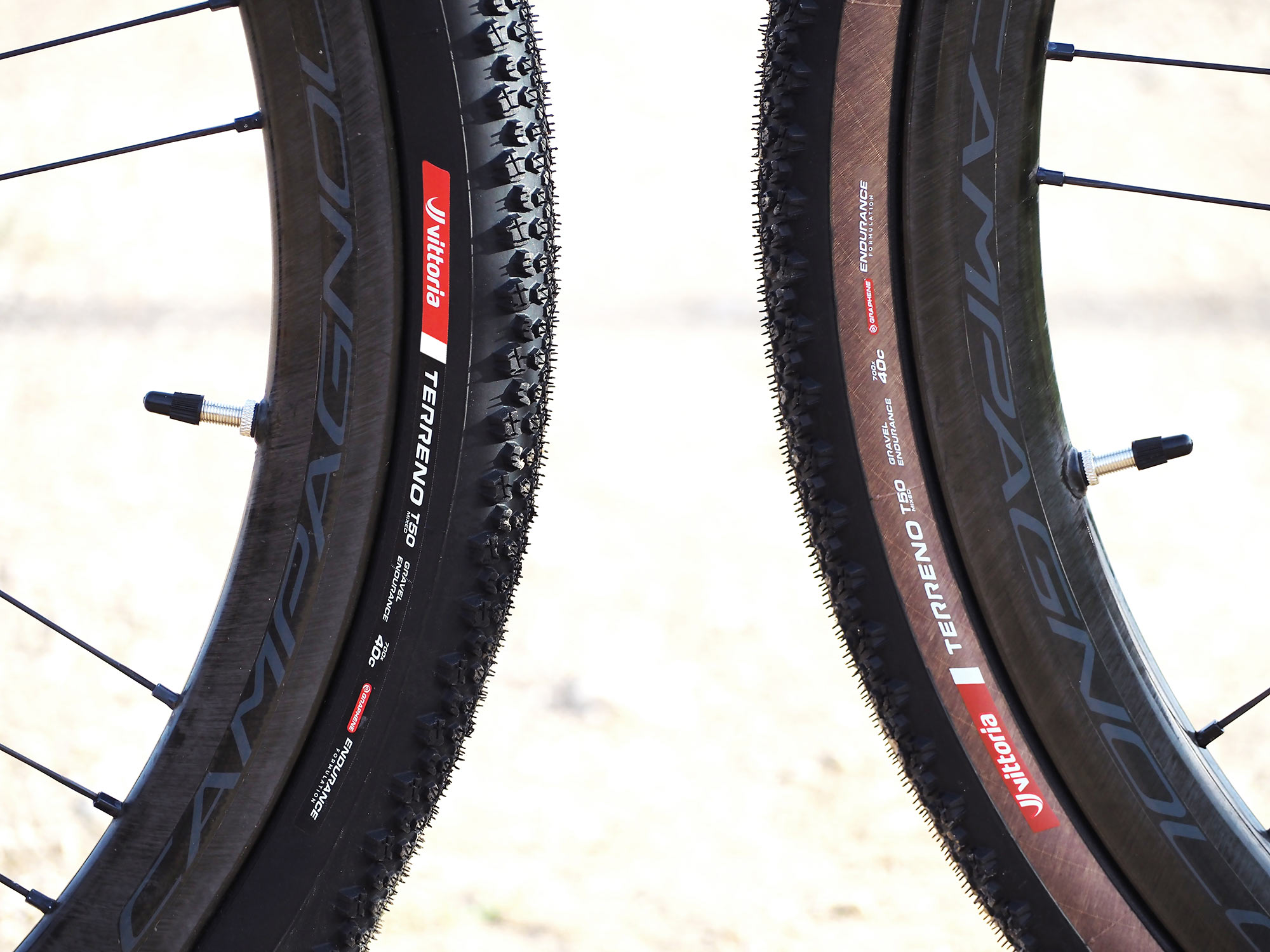 vittoria terreno mixed T50 gravel bike tires shown with black and brown sidewalls.